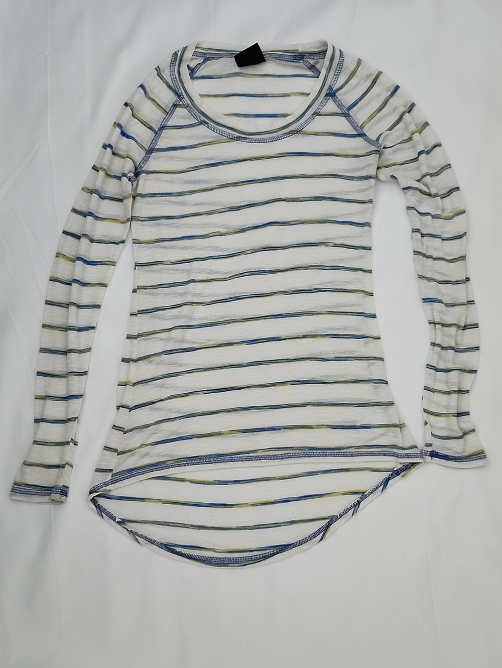 bobeau White Long-Sleeve Crewneck Top with Blue & Green Stripes